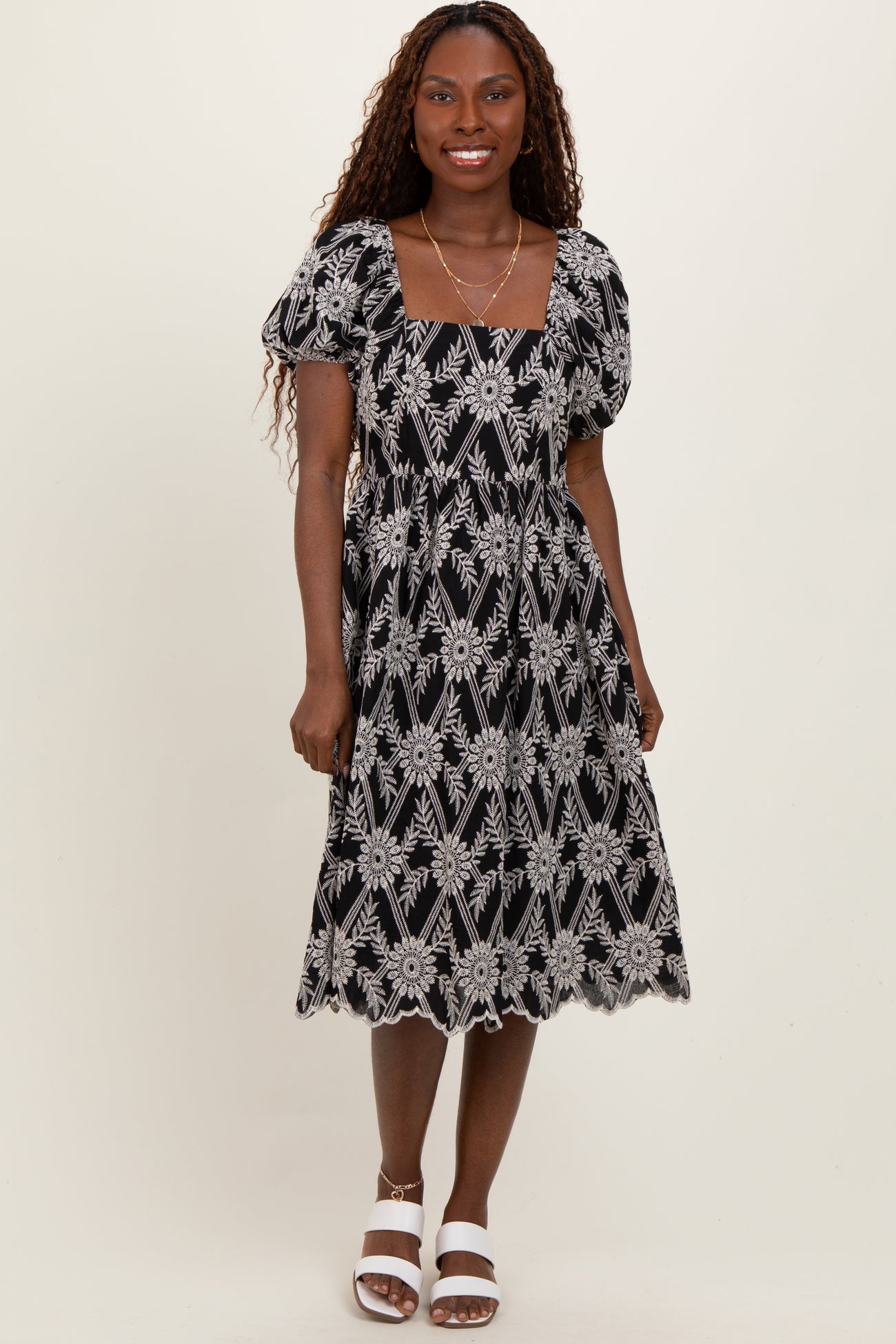 Black Floral Embroidered Square Neck Maternity Dress