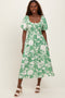 Green Floral Smocked Short Sleeve Midi Dress