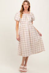 Ivory Plaid Square Neck Maternity Midi Dress