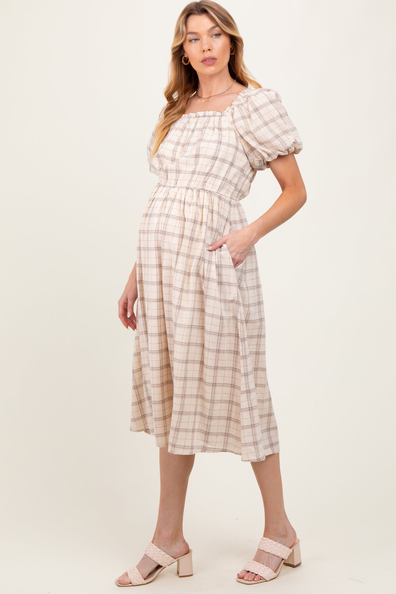 Ivory Plaid Square Neck Maternity Midi Dress