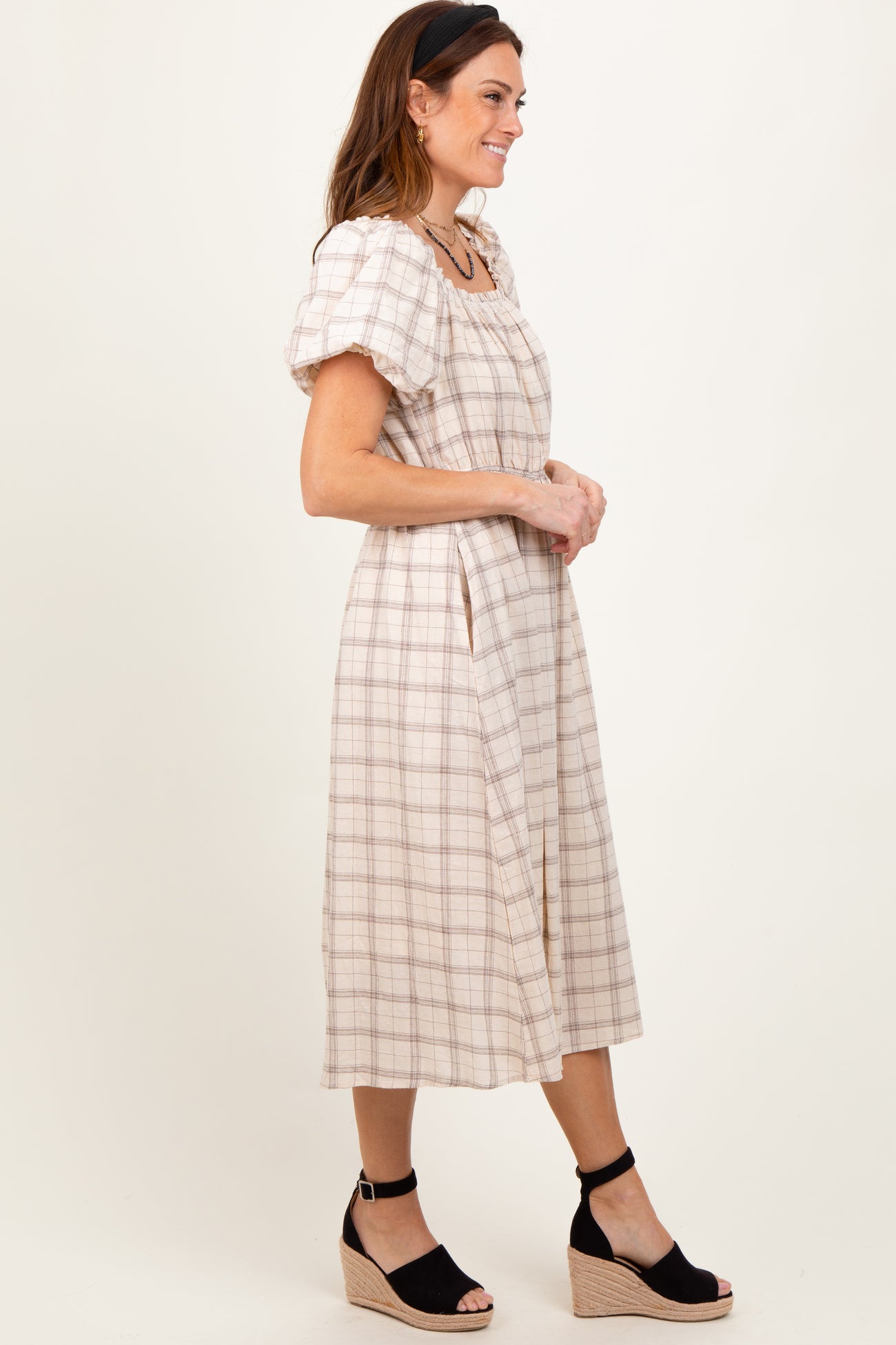 Ivory Plaid Square Neck Maternity Midi Dress
