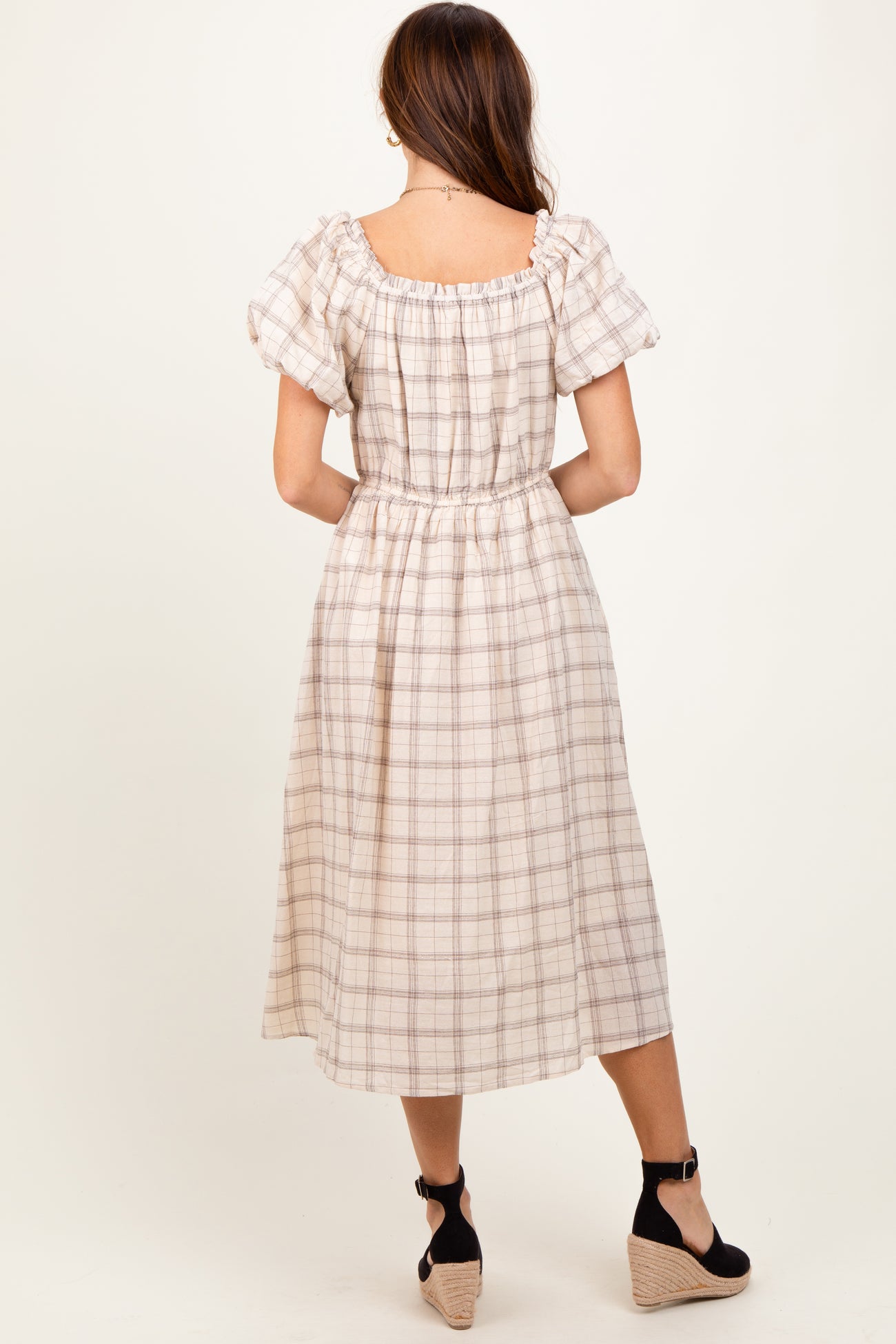 Ivory Plaid Square Neck Maternity Midi Dress