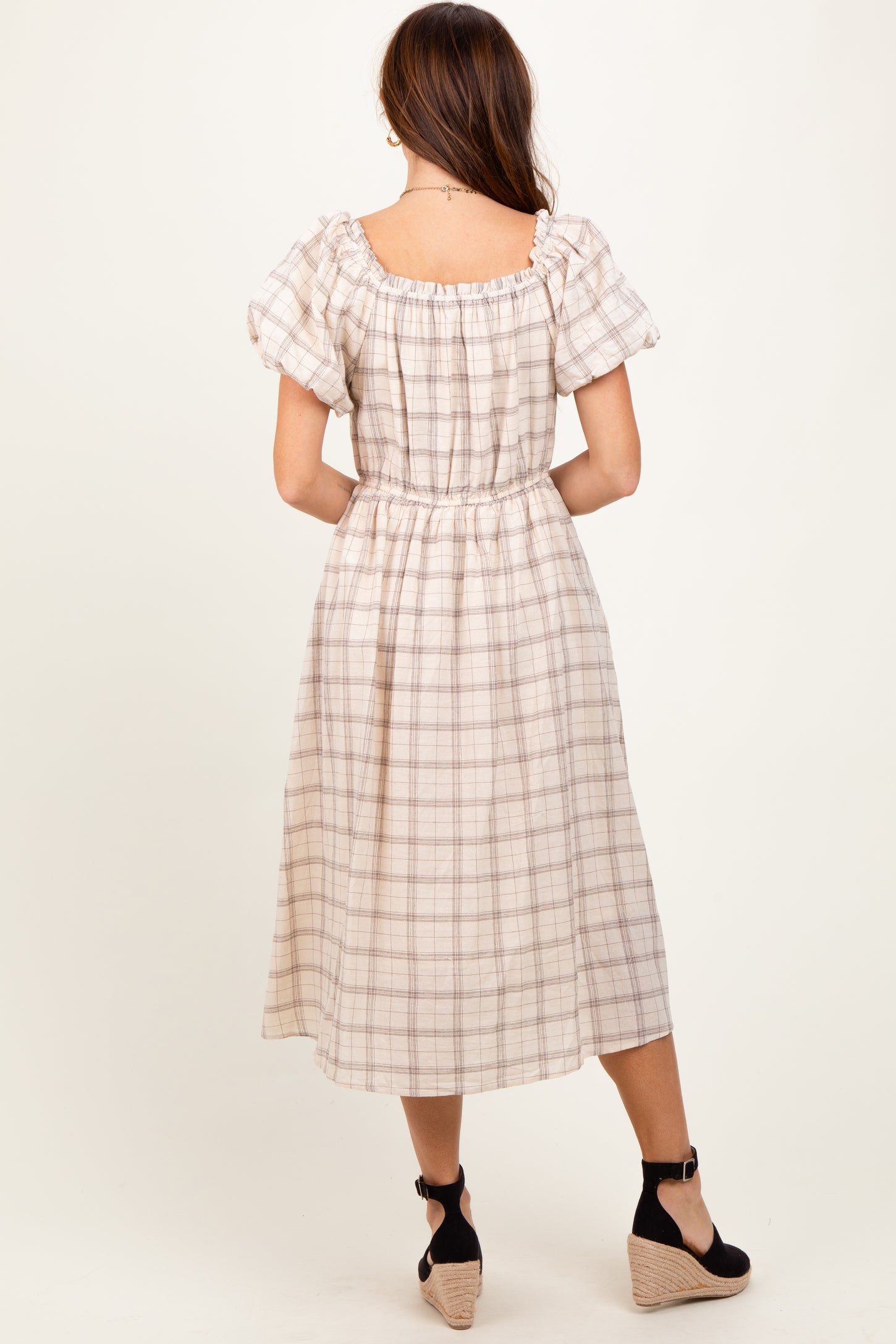 Ivory Plaid Square Neck Maternity Midi Dress