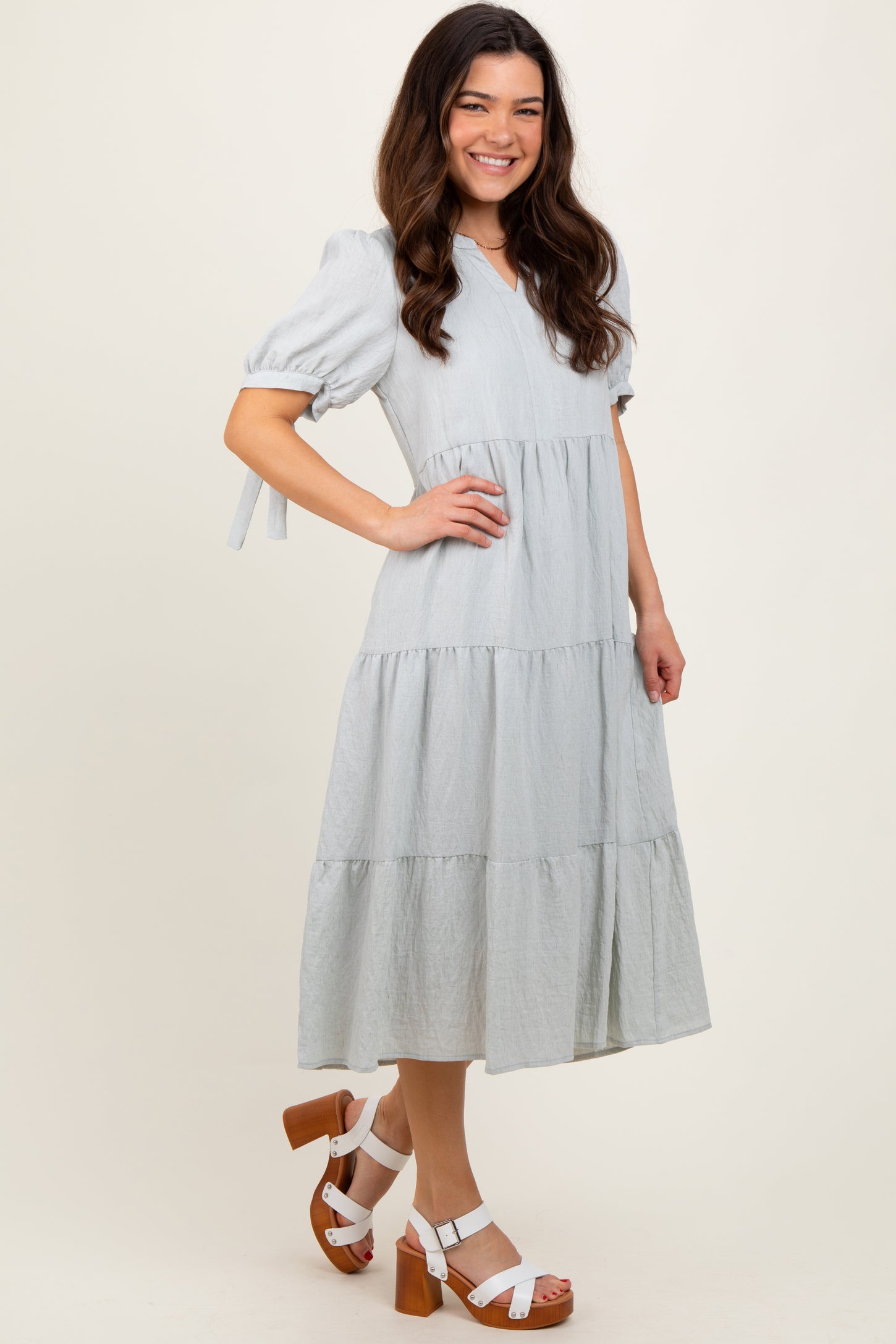 Light Blue Split V-Neck Sleeve Tie Tiered Midi Dress