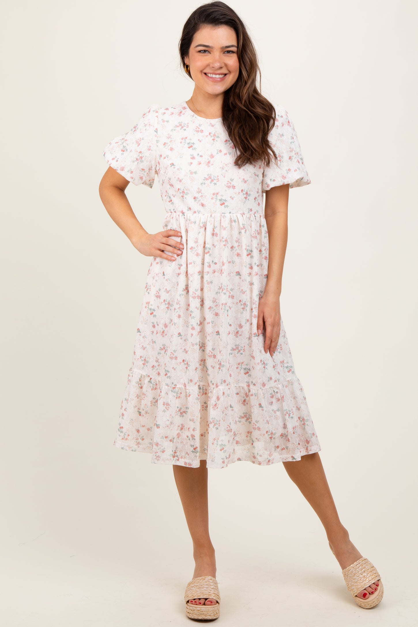 Ivory Floral Lace Ruffle Maternity Midi Dress