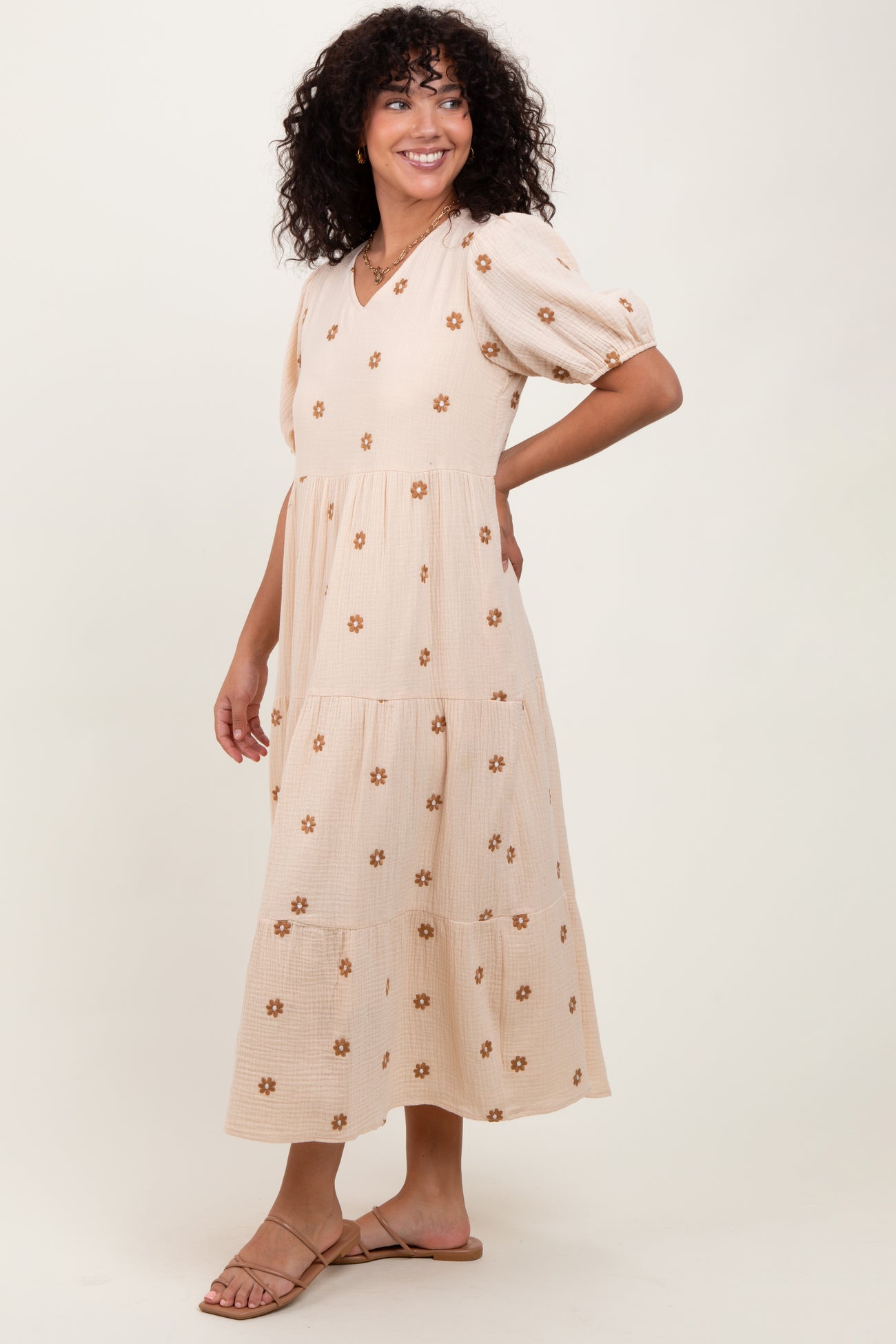 Cream Floral Embroidered Tiered Midi Dress