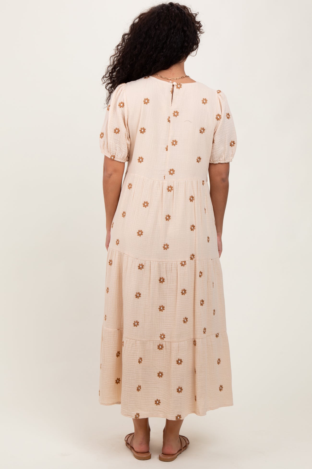 Cream Floral Embroidered Tiered Midi Dress