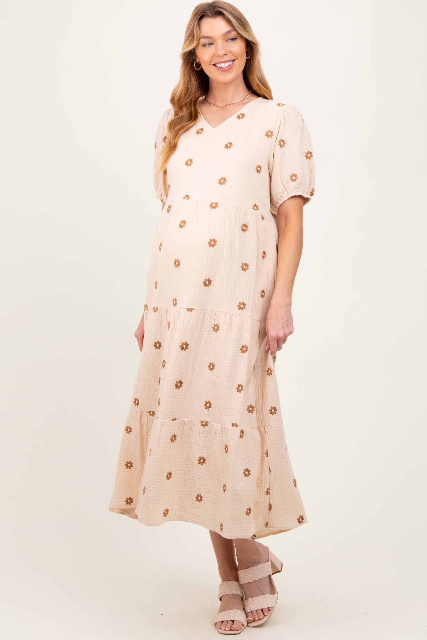 Cream Floral Embroidered Tiered Maternity Midi Dress