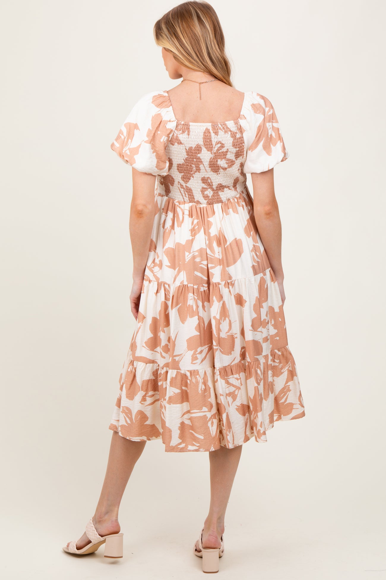 Ivory Floral Puff Sleeve Tiered Maternity Midi Dress
