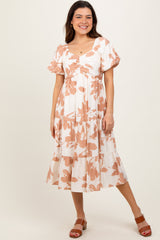 Ivory Floral Puff Sleeve Tiered Midi Dress