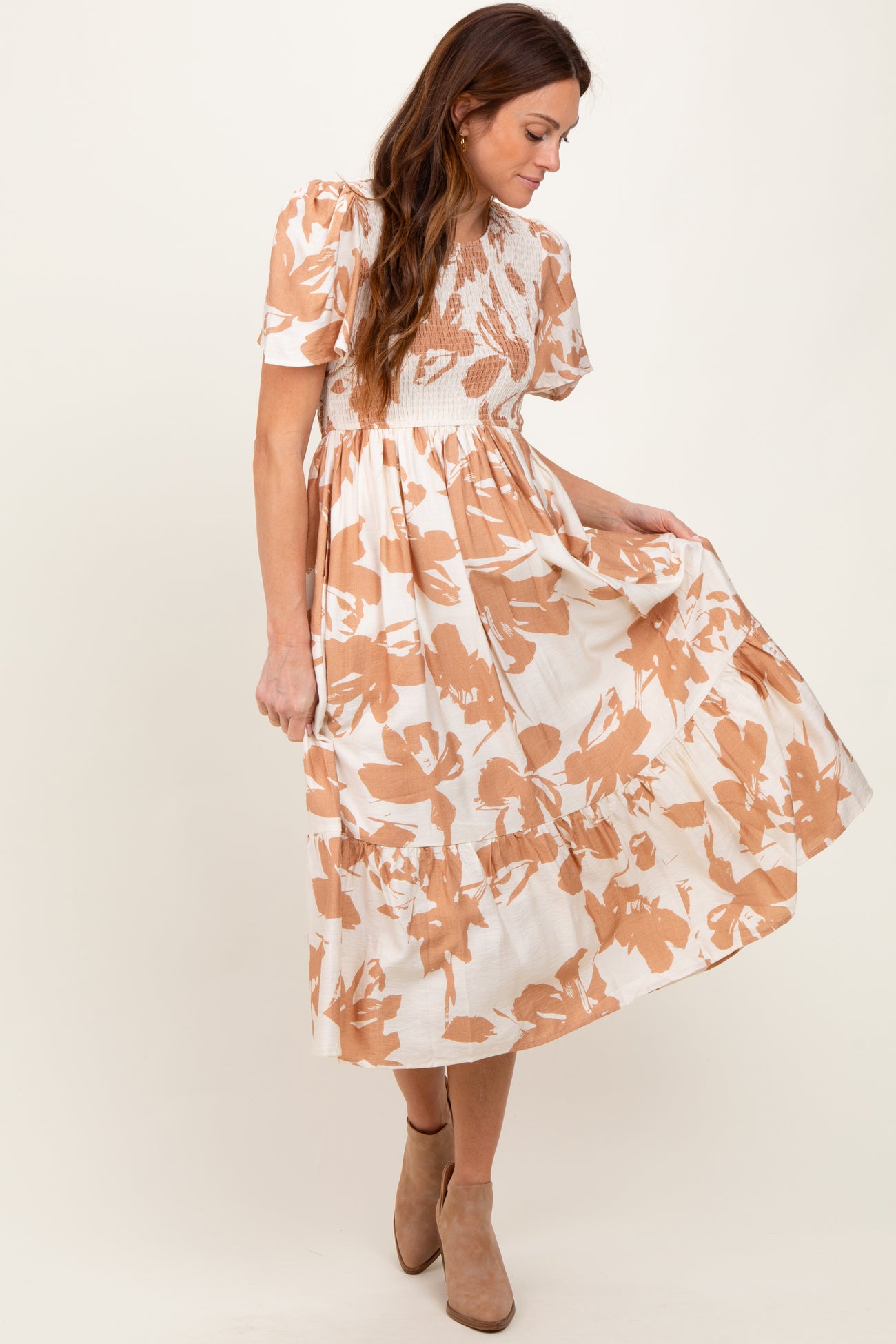 Cream Floral Smocked Short Sleeve Midi Dress