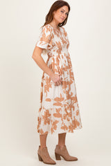 Cream Floral Smocked Short Sleeve Midi Dress