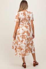Cream Floral Smocked Short Sleeve Maternity Midi Dress