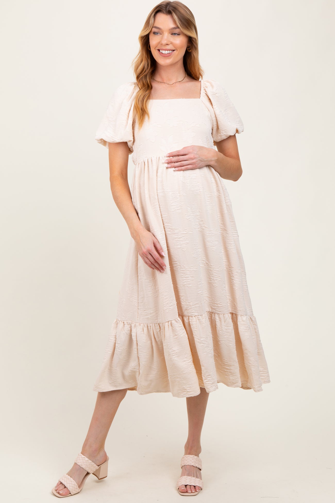 Cream Textured Square Neck Puff Sleeve Maternity Midi Dress