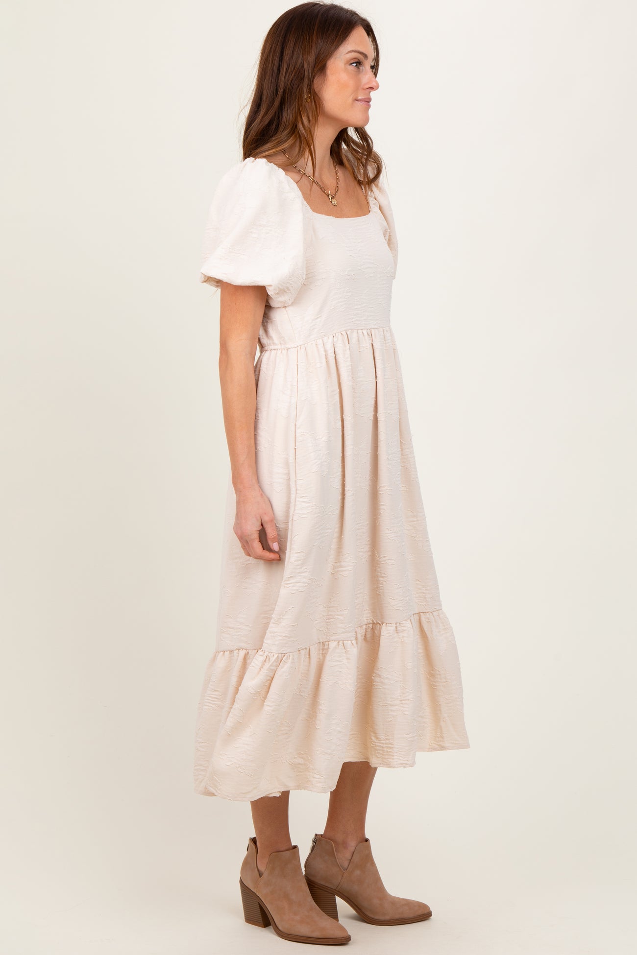 Cream Textured Square Neck Puff Sleeve Midi Dress