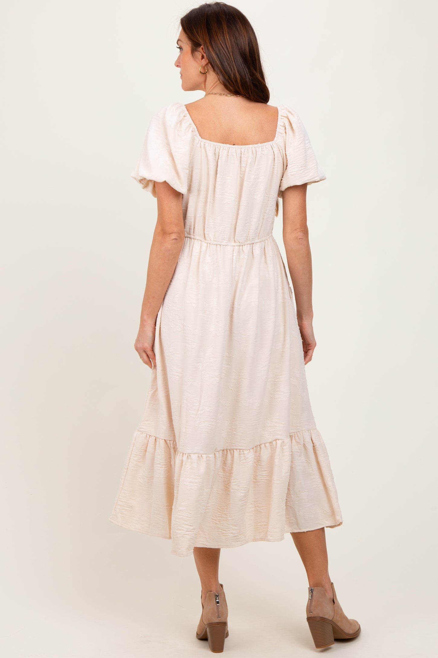 Cream Textured Square Neck Puff Sleeve Midi Dress