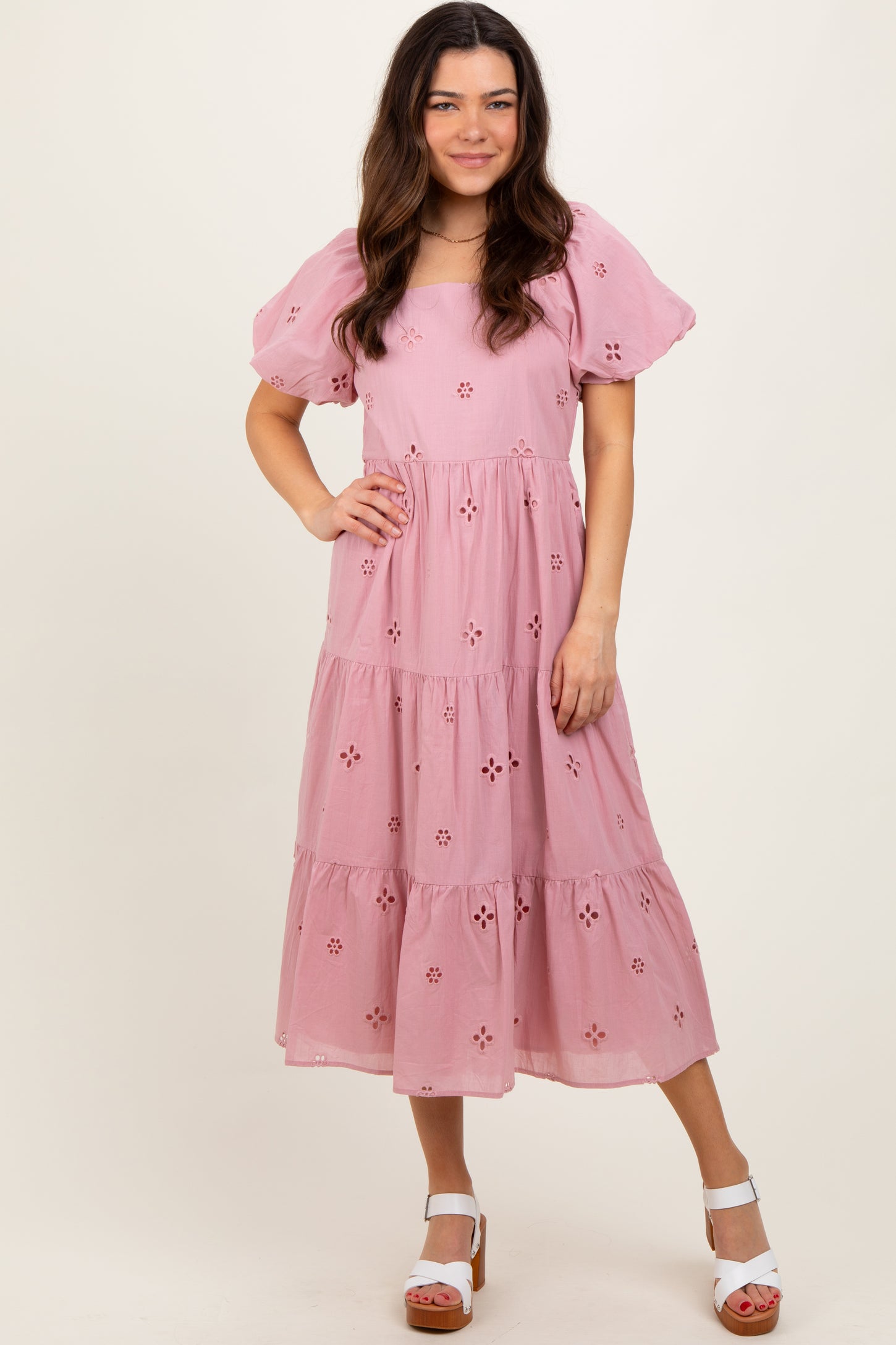 Pink Eyelet Square Neck Maternity Midi Dress