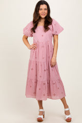 Pink Eyelet Square Neck Maternity Midi Dress