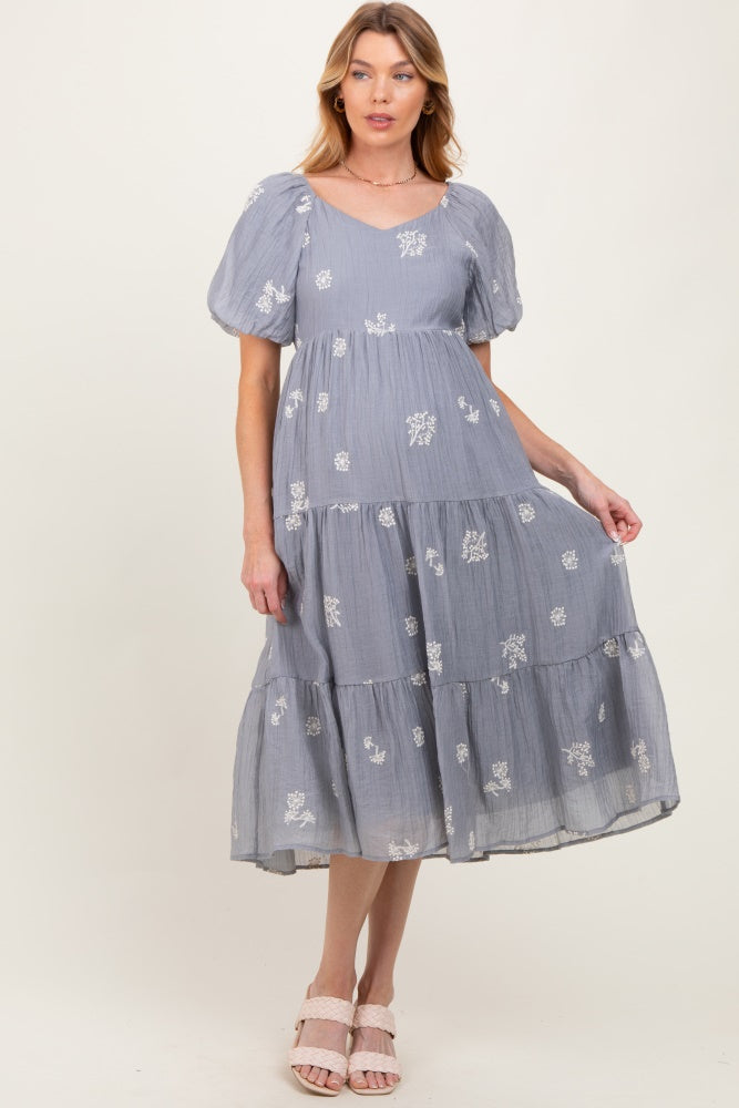Light Blue Floral Embroidered Tiered Maternity Midi Dress