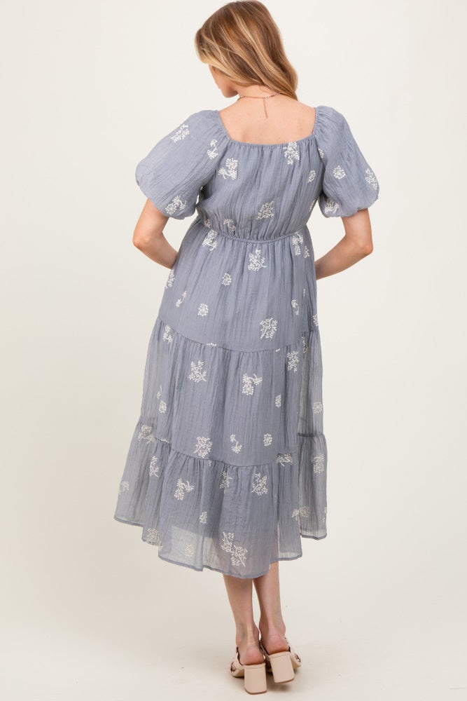 Light Blue Floral Embroidered Tiered Maternity Midi Dress