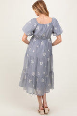Light Blue Floral Embroidered Tiered Maternity Midi Dress