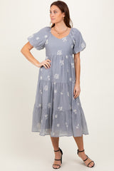 Light Blue Floral Embroidered Tiered Maternity Midi Dress