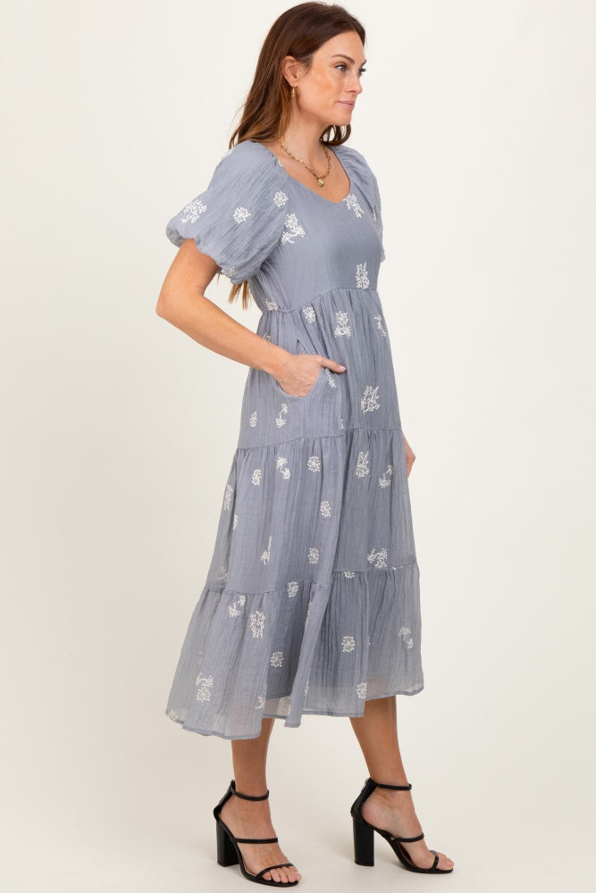 Light Blue Floral Embroidered Tiered Midi Dress