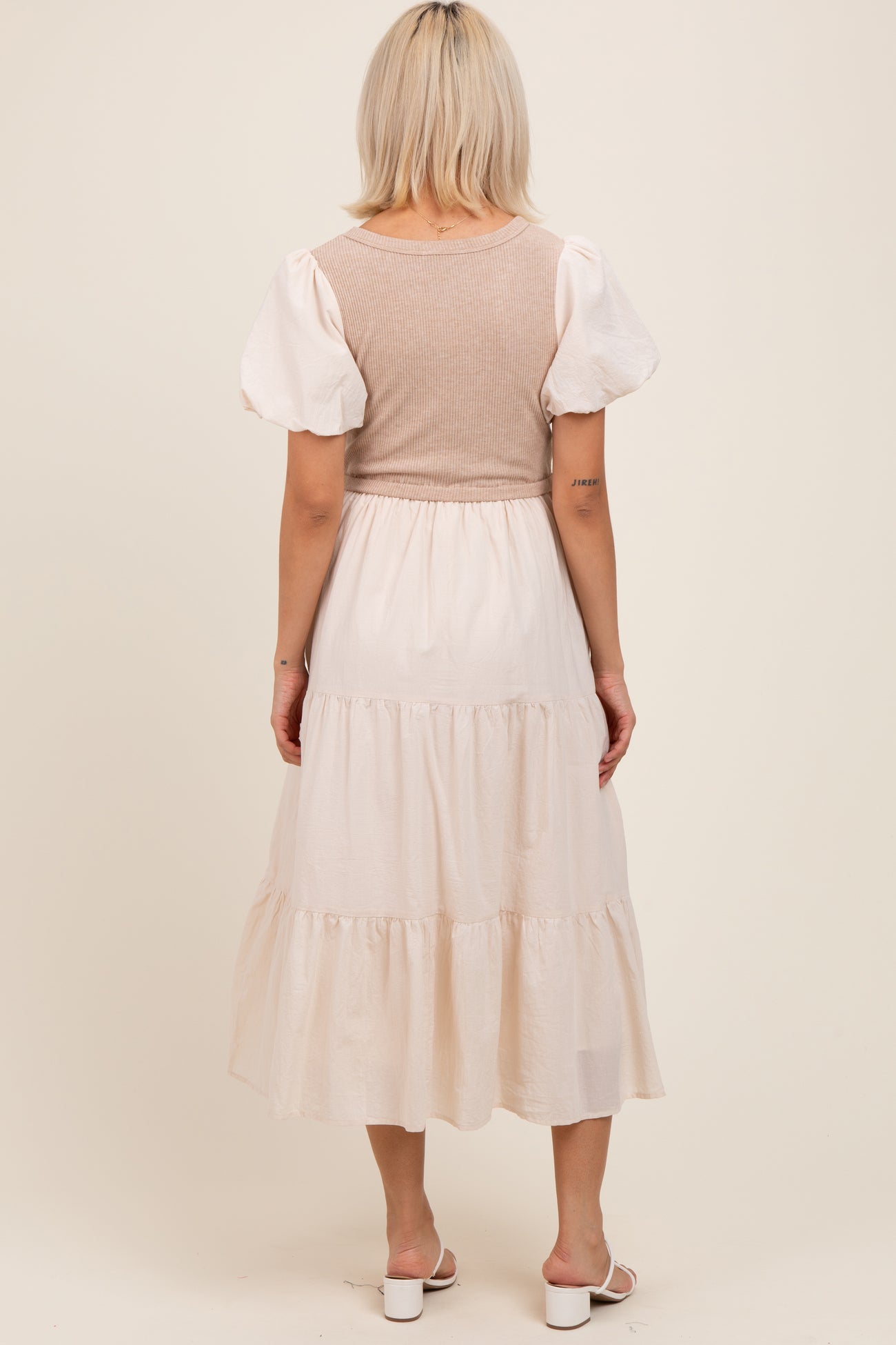 Cream Knit Mixed Tiered Maternity Midi Dress