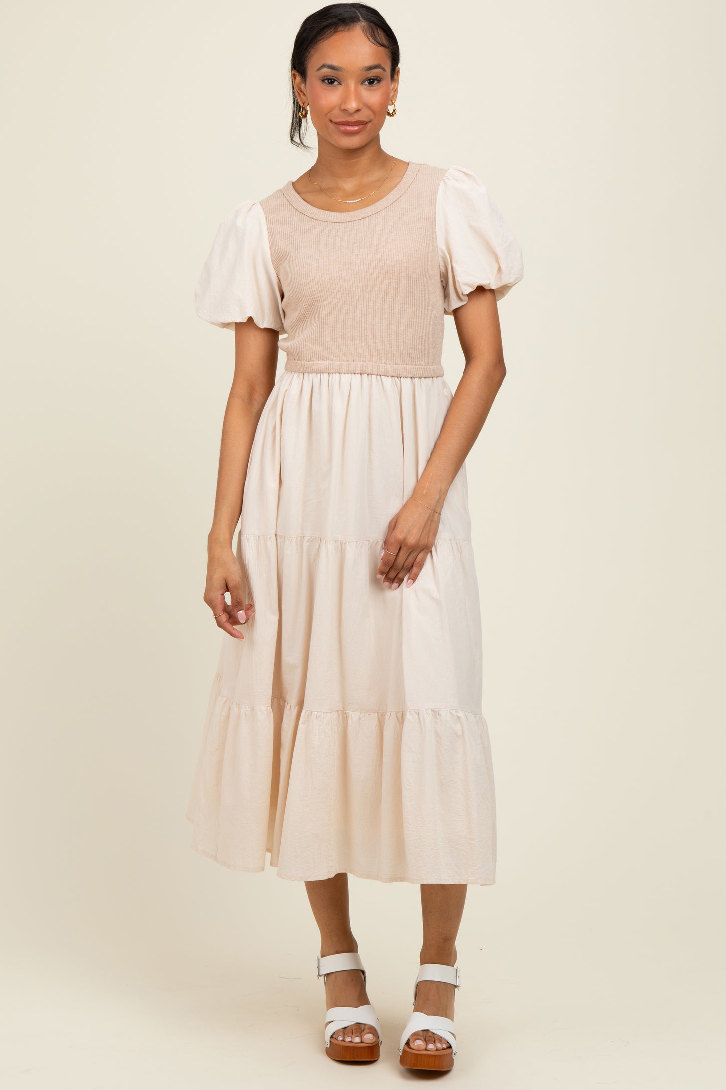 Cream Knit Mixed Tiered Midi Dress