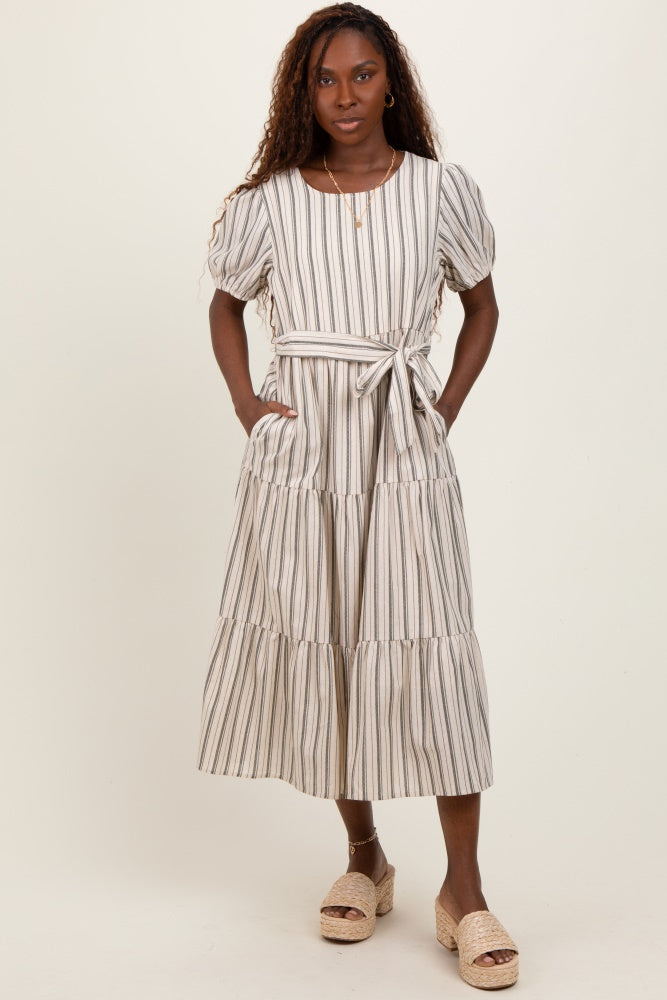 Olive Stripe Tiered Tied Waist Midi Dress