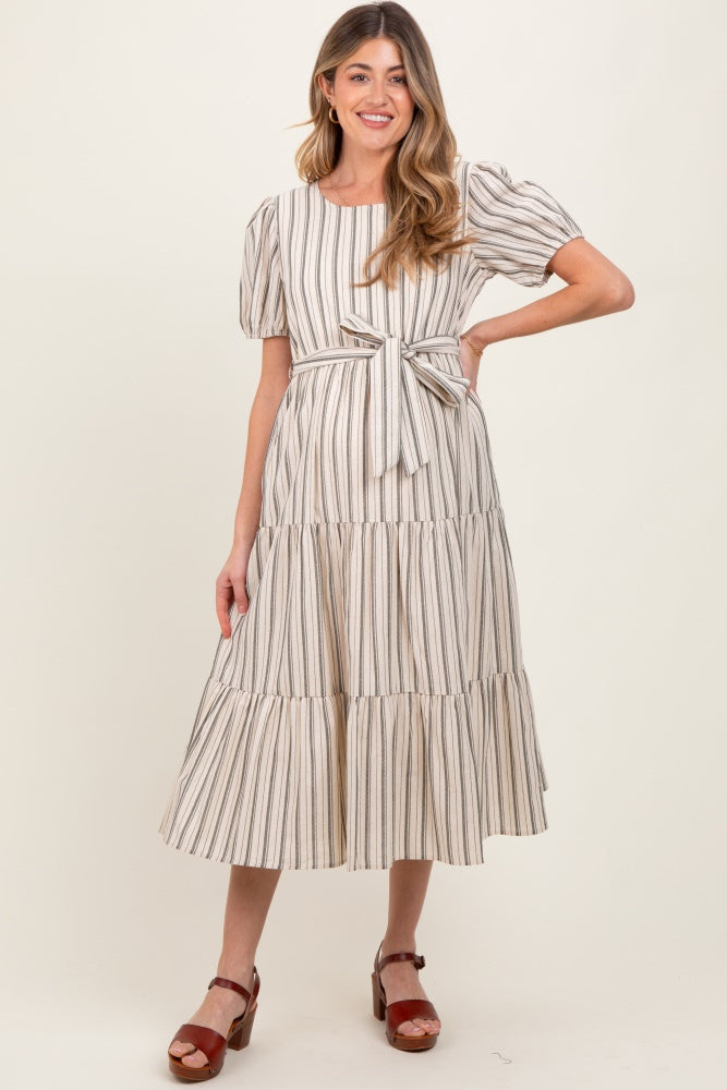 Olive Stripe Tiered Tied Waist Maternity Midi Dress