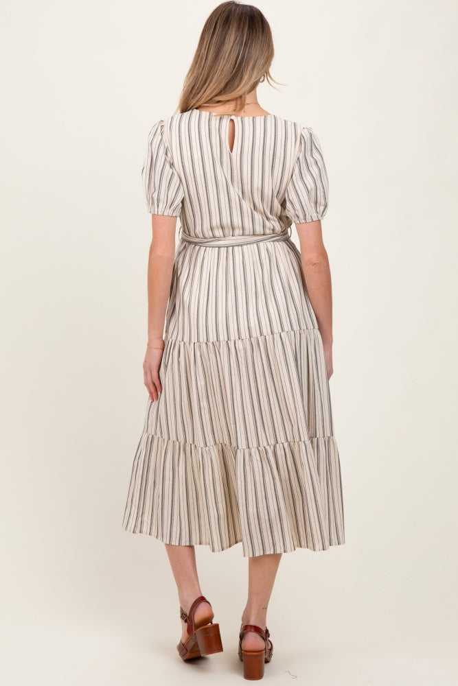 Olive Stripe Tiered Tied Waist Maternity Midi Dress
