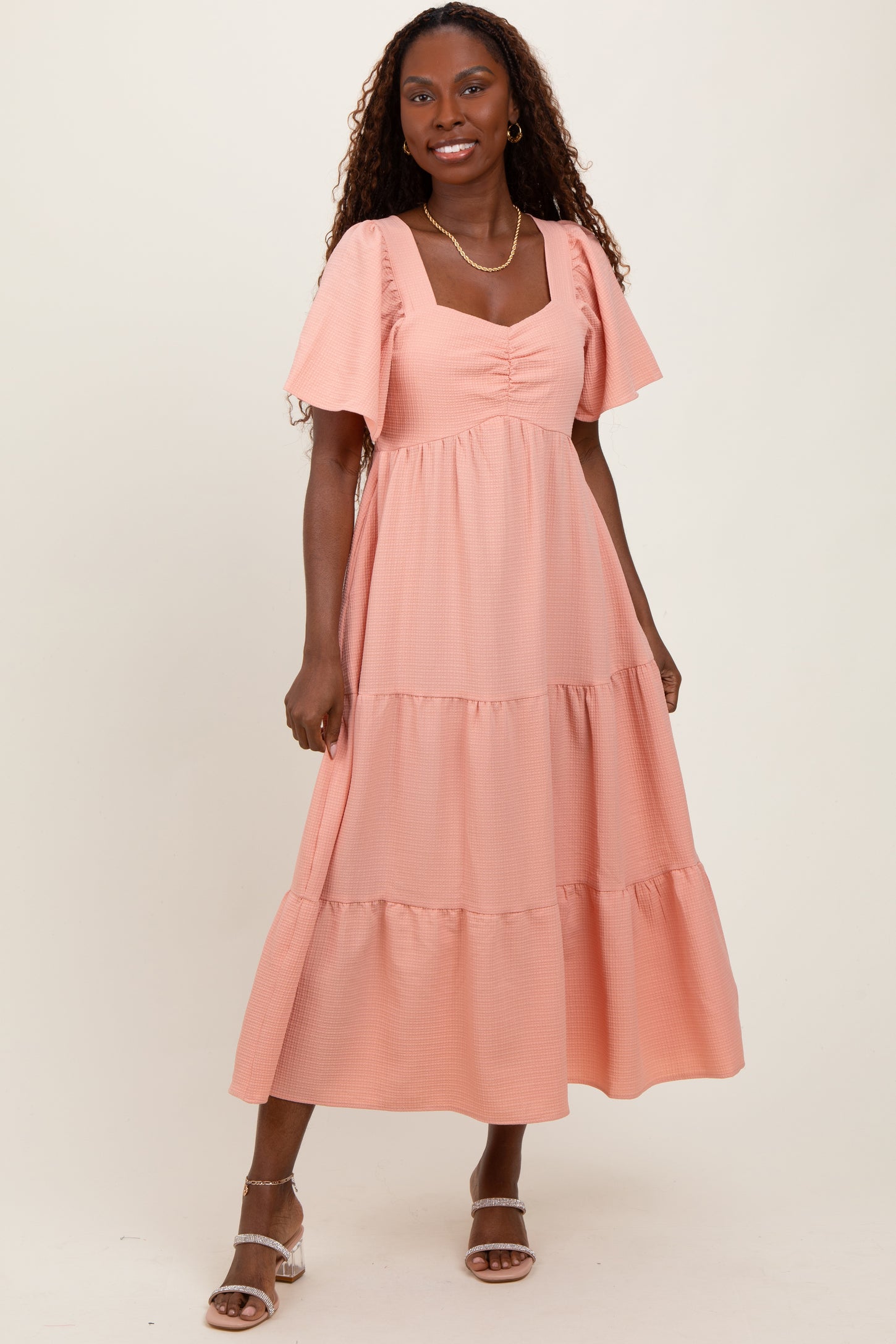 Peach Sweetheart Neck Short Puff Sleeve Tiered Maternity Midi Dress