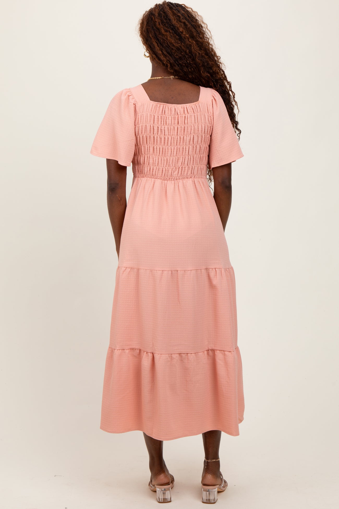 Peach Sweetheart Neck Short Puff Sleeve Tiered Midi Dress