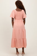 Peach Sweetheart Neck Short Puff Sleeve Tiered Midi Dress