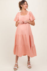 Peach Sweetheart Neck Short Puff Sleeve Tiered Maternity Midi Dress