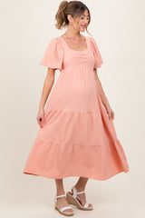 Peach Sweetheart Neck Short Puff Sleeve Tiered Maternity Midi Dress