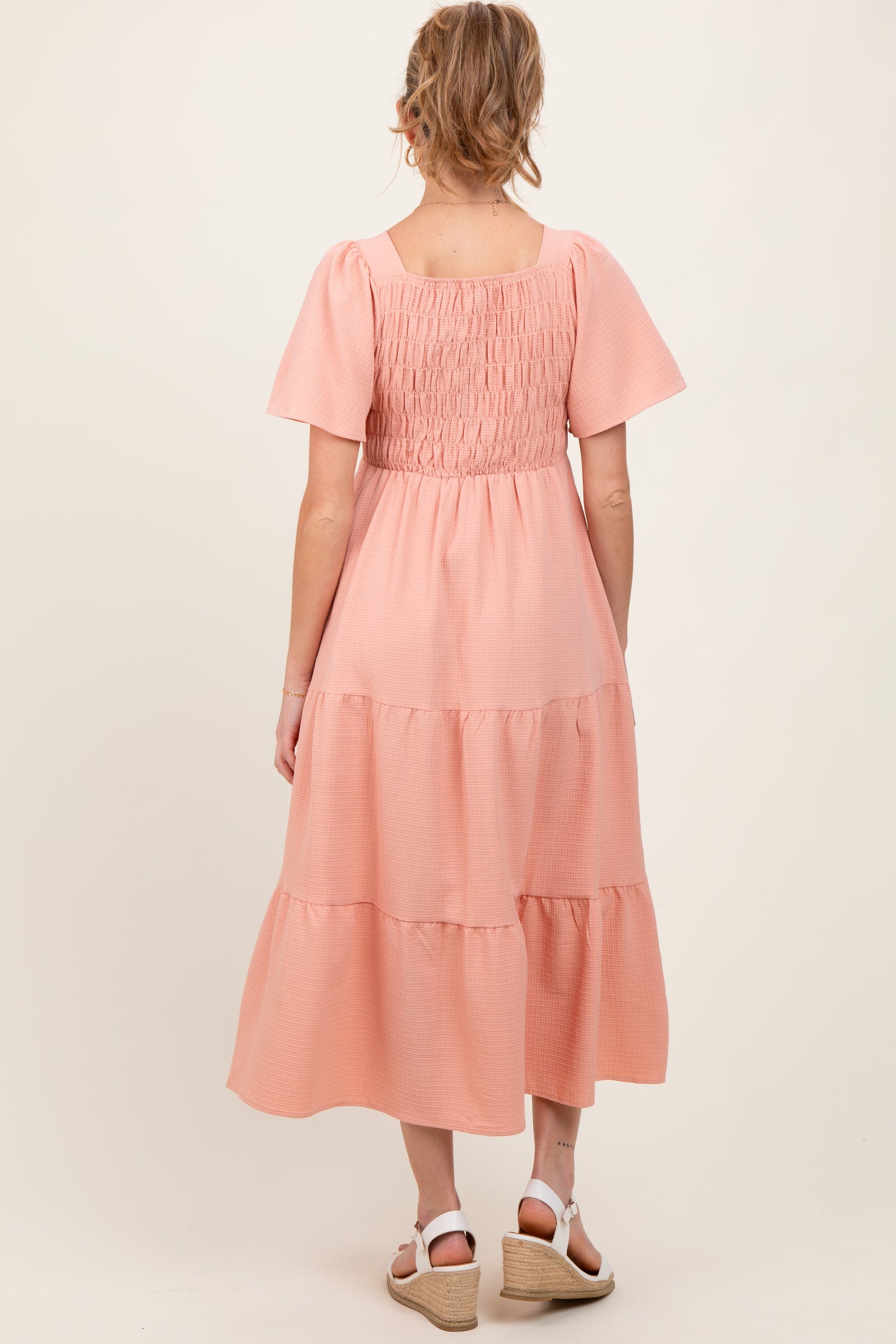 Peach Sweetheart Neck Short Puff Sleeve Tiered Maternity Midi Dress
