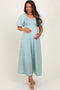Mint Green Smocked V-Neck Short Puff Sleeve Textured Maternity Midi Dress