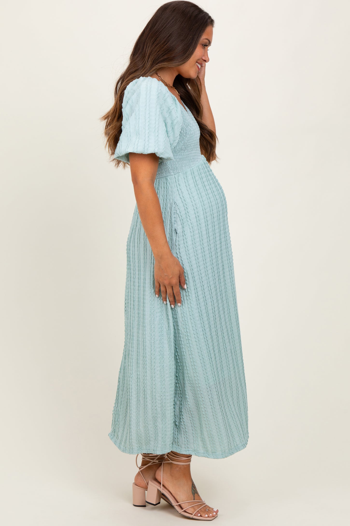 Mint Green Smocked V-Neck Short Puff Sleeve Textured Maternity Midi Dress