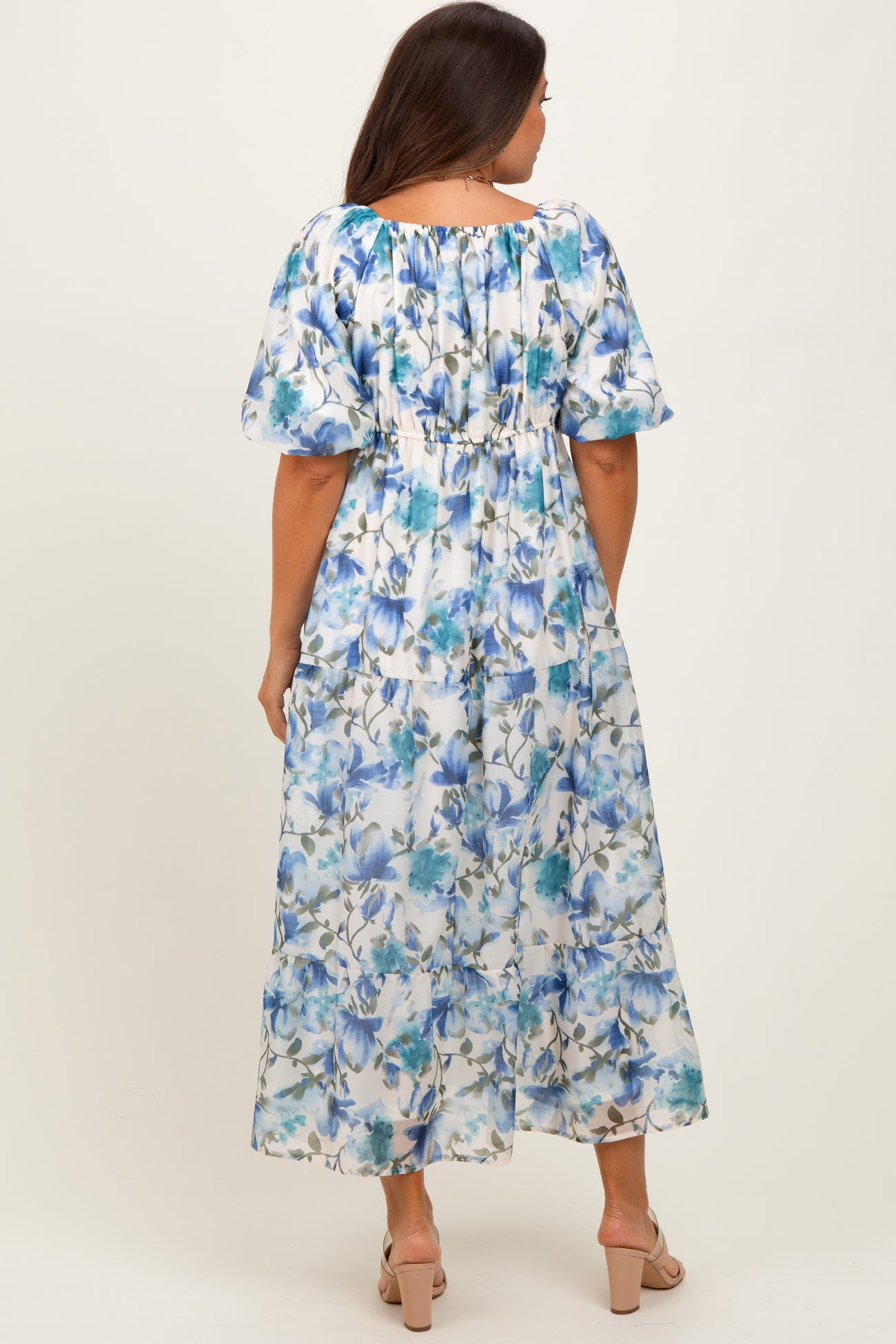 Blue Floral Tiered Puff Sleeve Maternity Midi Dress