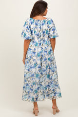Blue Floral Tiered Puff Sleeve Maternity Midi Dress