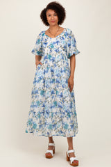 Blue Floral Tiered Puff Sleeve Maternity Midi Dress