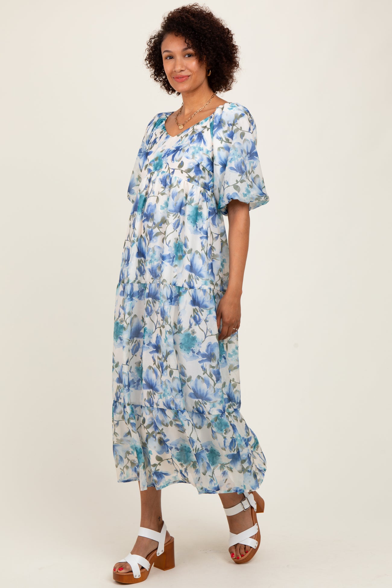 Blue Floral Tiered Puff Sleeve Midi Dress