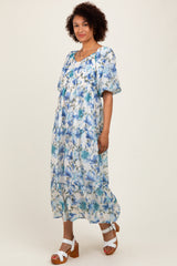 Blue Floral Tiered Puff Sleeve Midi Dress