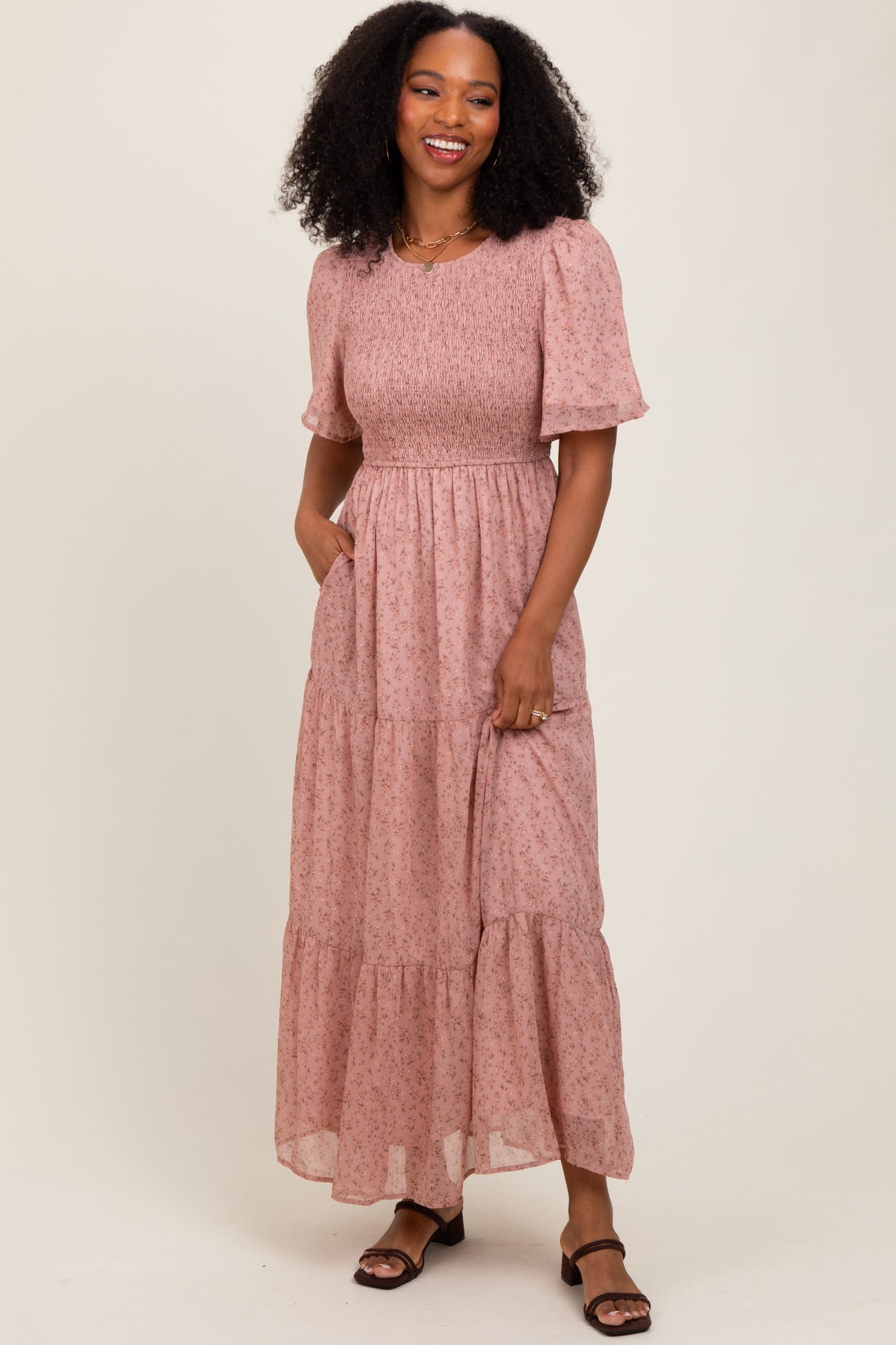 Mauve Floral Smocked Tiered Midi Dress