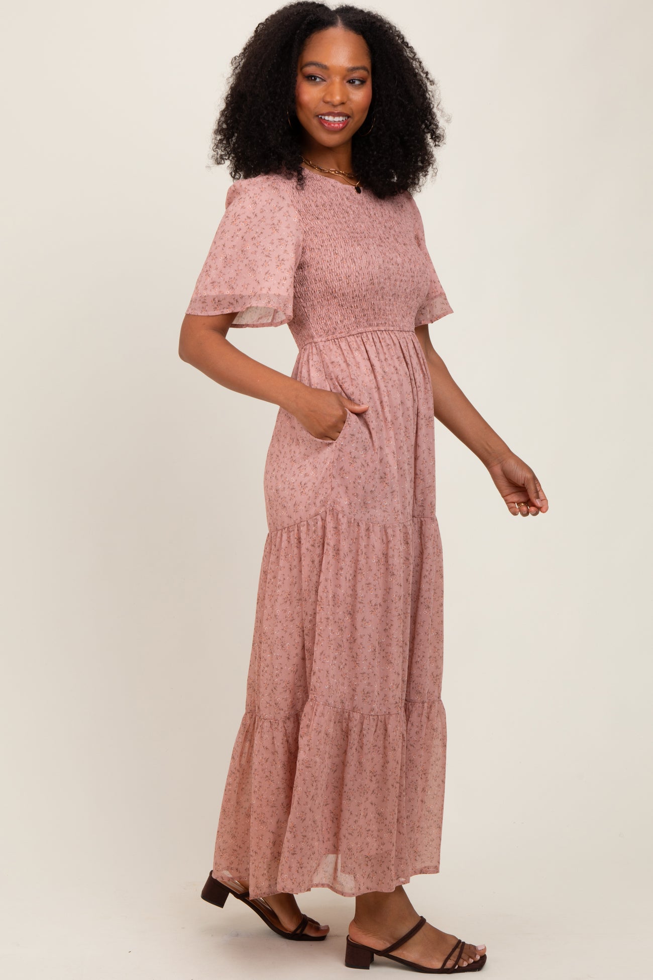 Mauve Floral Smocked Tiered Midi Dress