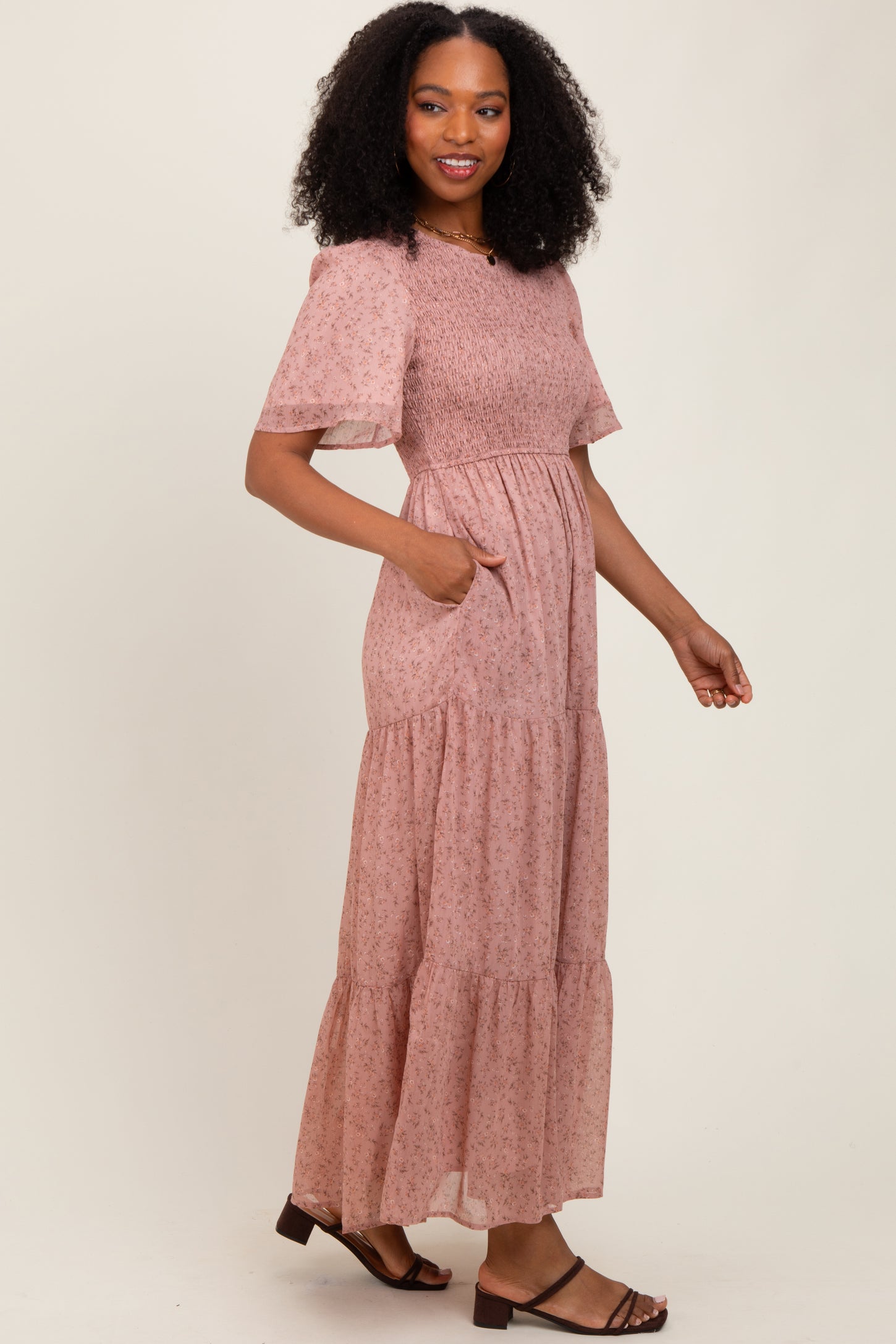 Mauve Floral Smocked Tiered Midi Dress