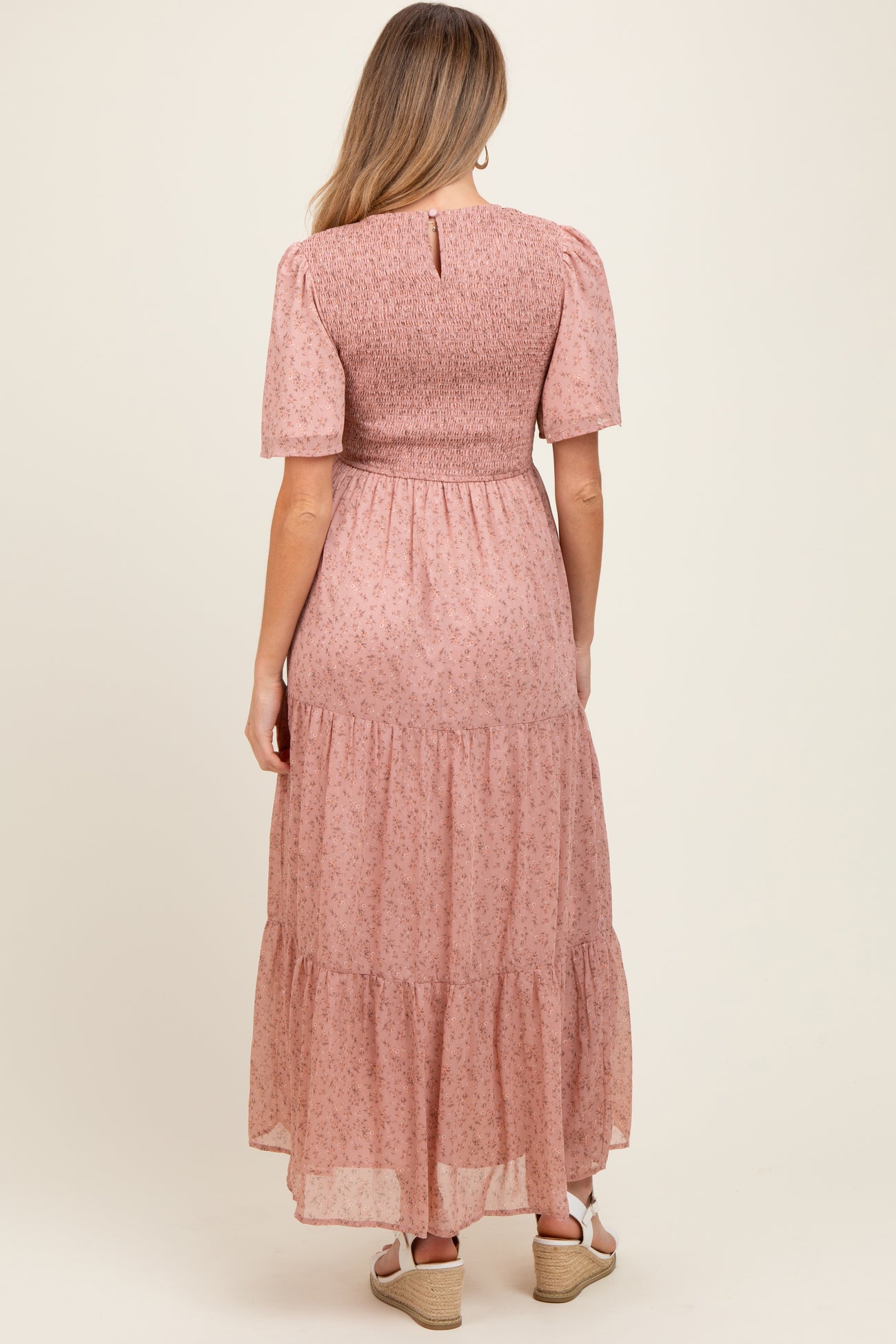 Mauve Floral Smocked Tiered Maternity Midi Dress