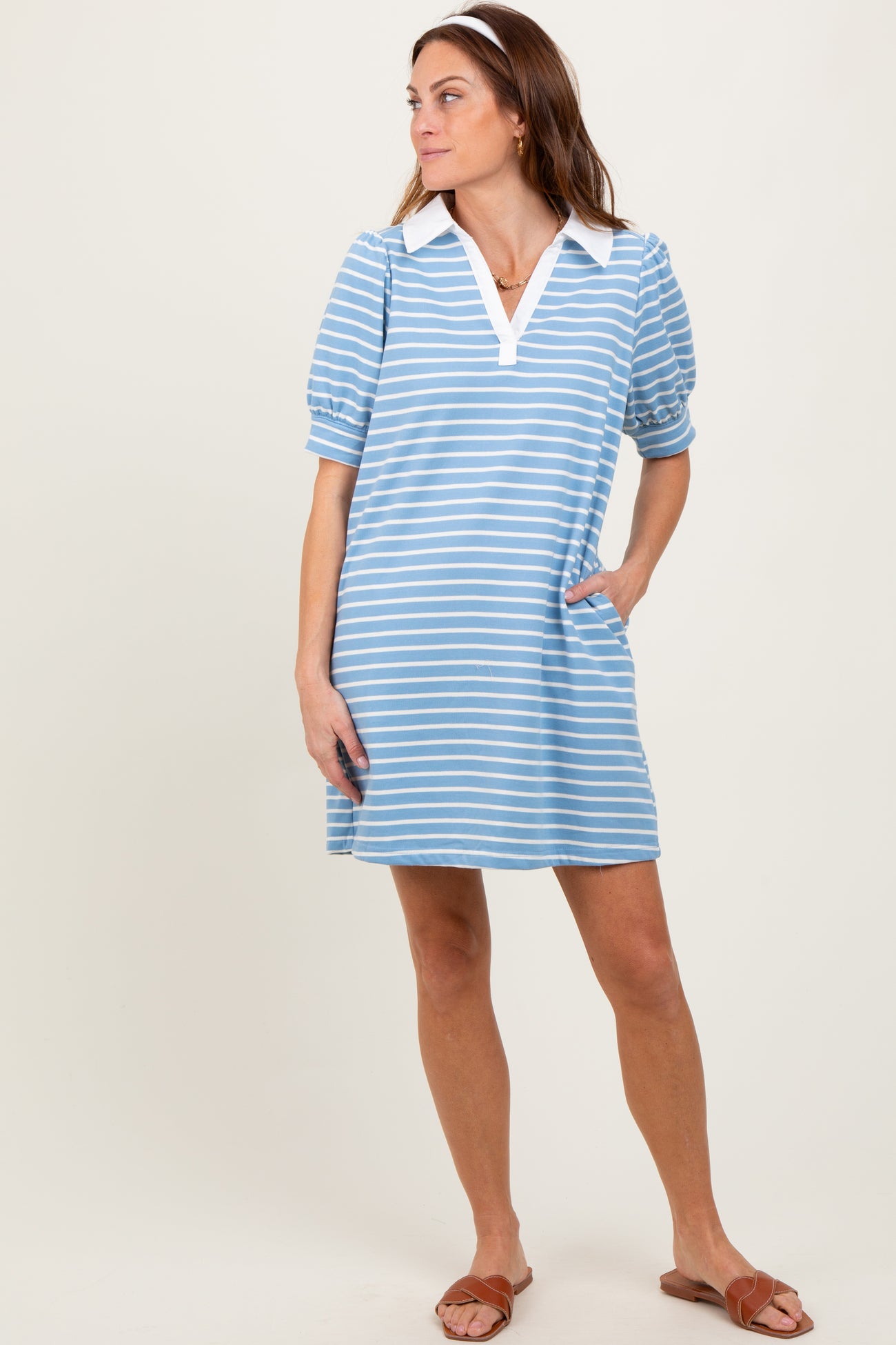 Light Blue Striped Collared Puff Sleeve Dress